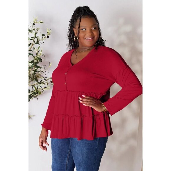 Double Take Half Button Long Sleeve Ruffle Hem Blouse - Picture 4 of 6